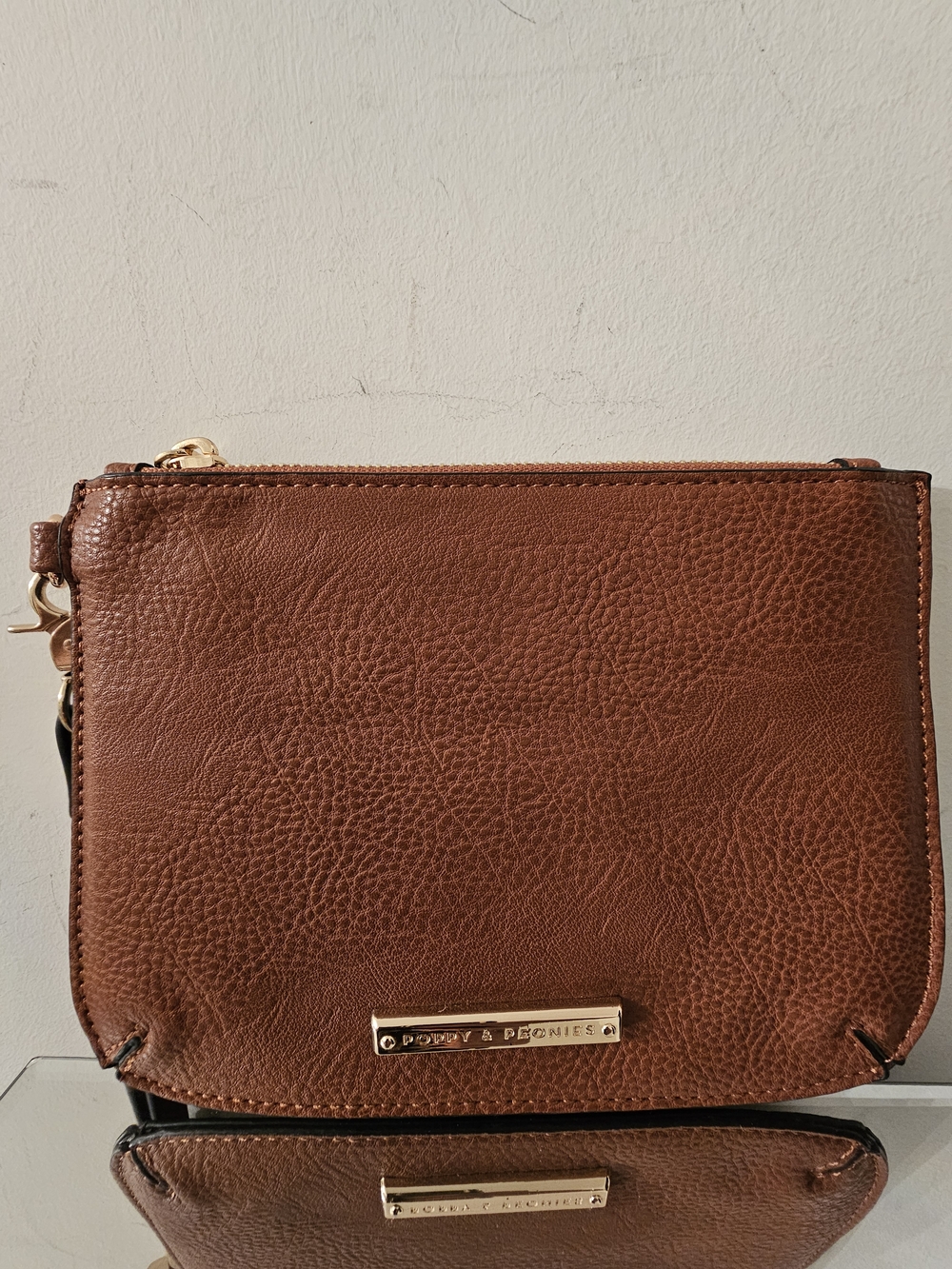 Poppy & Peonies Brown Pebbled Leather Wristlet with Gold Hardware